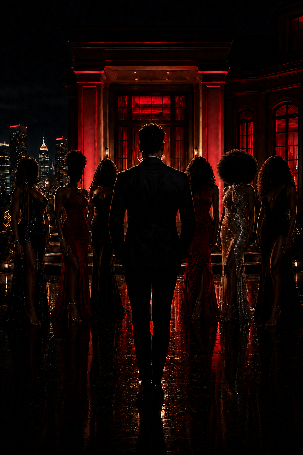 Silhouettes of a Black cast with distinct hairstyles outside an Atlanta mansion for an upcoming ATRUM Network dating series